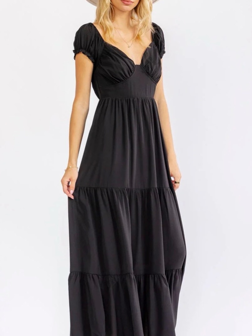 A696. Black Tiered Maxi Dress with Sweetheart Neckline - Picture 5 of 6